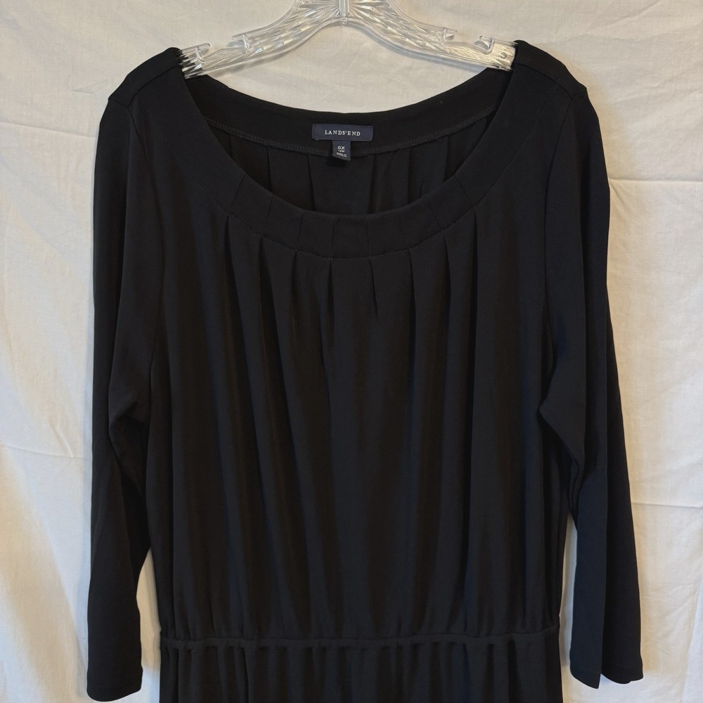 Lands End Dress 0X 14W Women Black Scoop Neck 3/4 Sleeve Stretch Pullover Midi